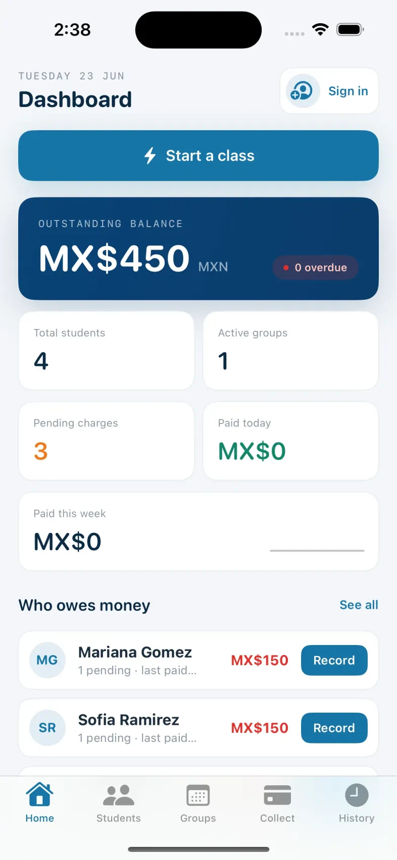 Studio Ledger on iPhone, showing the dashboard with outstanding balances, class totals, and students who owe payments.
