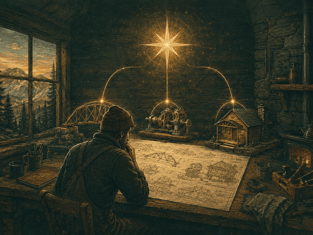A craftsperson studies plans beneath a glowing star connecting a model bridge, a mechanism, and a cabin in a mountain workshop.